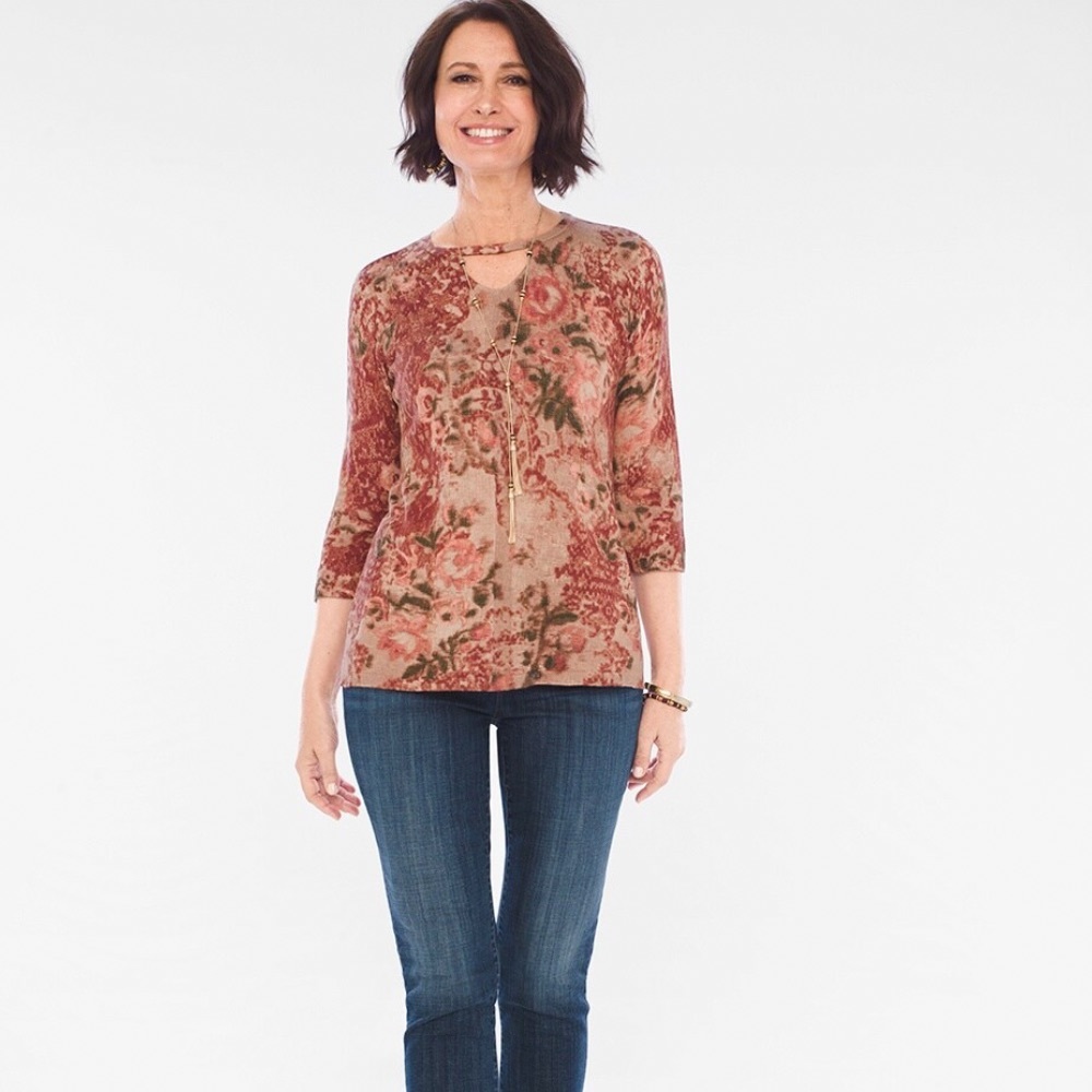 CHICO'S 2 ( Large ) ~EUC Floral Keyhole Detail Pullover Sweater Top ~ 3/4 Sleeve